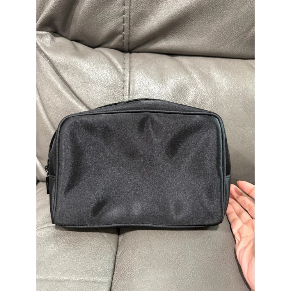 Chanel Parfums Black Satin Cosmetic Pouch Toiletry Bag Makeup Case Logo‎ Lined